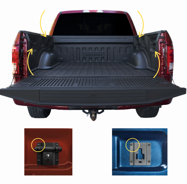 RAD Deal Gold mounted ratchet strap installed on Ford F-150 BoxLink truck bed — US Patent 12,594,871 granted, CNC-machined steel mounting plate, hand-assembled in USA, lifetime warranty